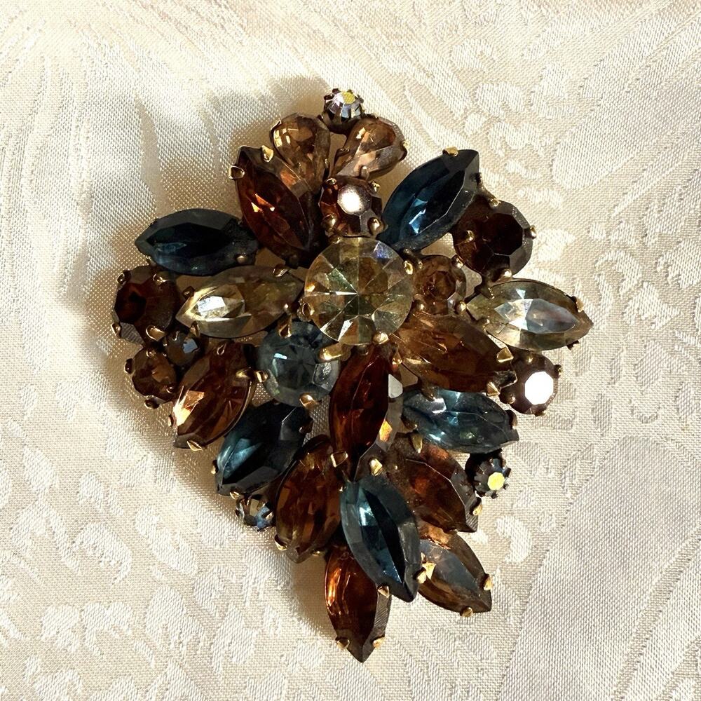 VTG Rare 50s Weiss Brooch Faceted Topaz Amber Blue Marquise & Chaton Rhinestones